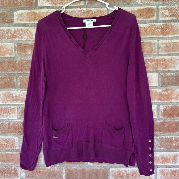Lacoste V Neck Cotton Sweater Women’s EU 34 Small Purple Pockets Buttons - Picture 1 of 11
